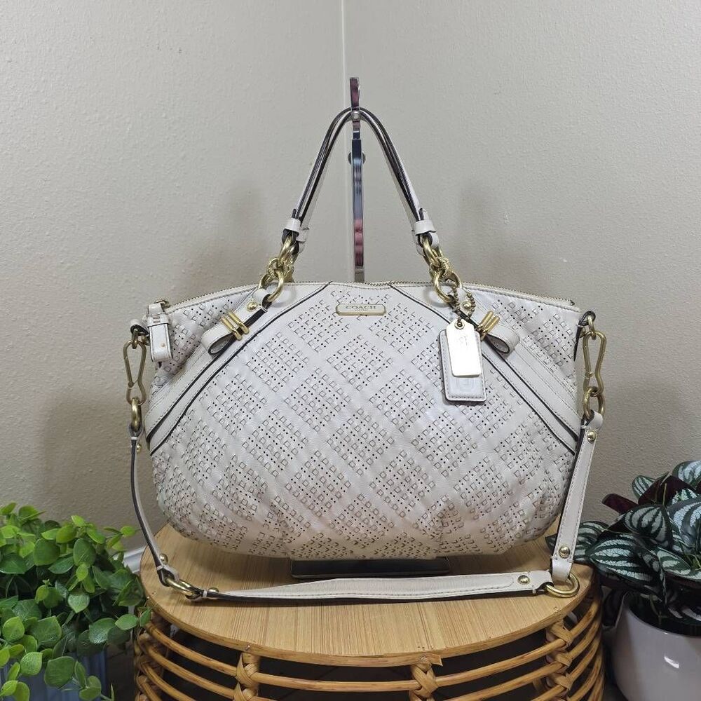 Coach Madison Sophia Satchel Cream Woven Leather Shoulder Bag F22861
